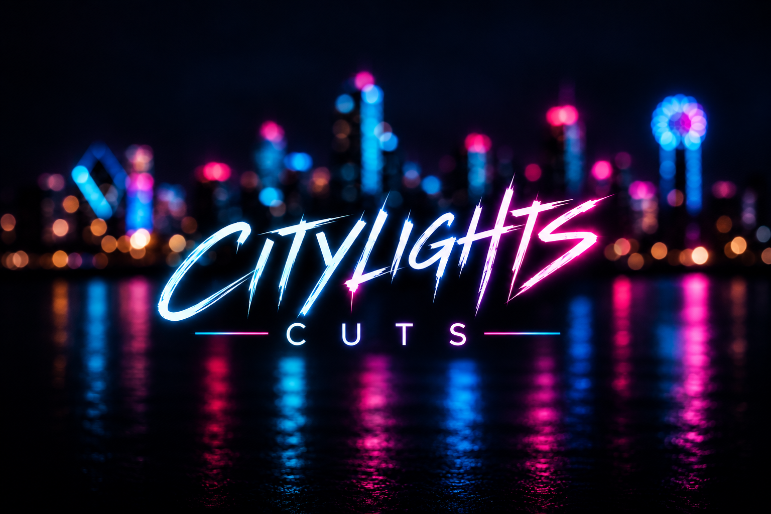 Sharp CityLights Cuts lettering against softly blurred cyan and magenta city lights